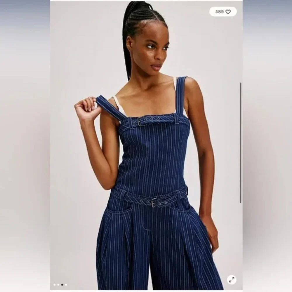 FREE PEOPLE Flores Jumpsuit CUTE! Pin stripes Wide Leg Vintage Denim Overalls S - Picture 6 of 12